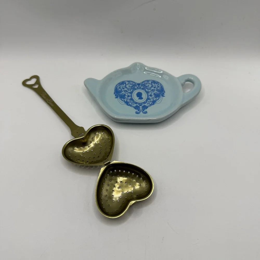 Bridgerton Tea Steeper Set Gold Heart Infuser Ceramic Rest Regencycore Coquette